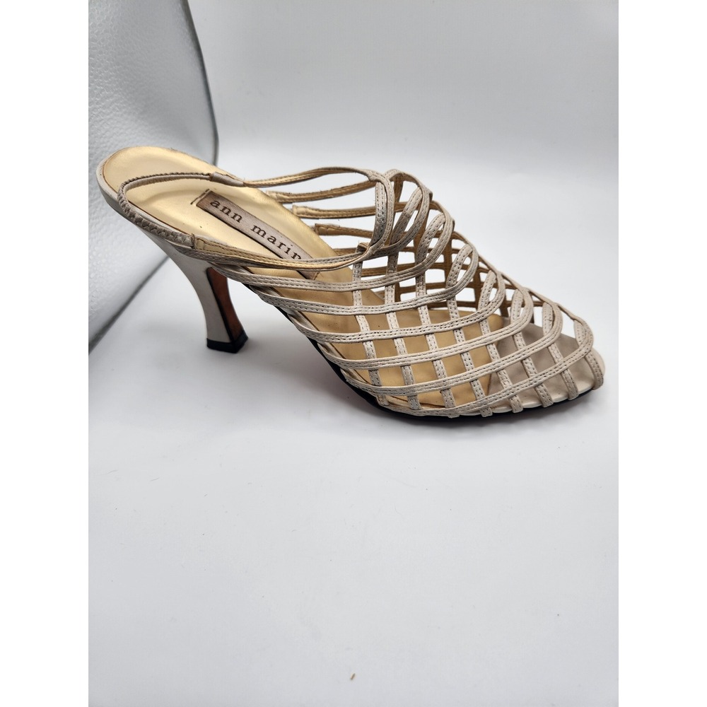 Ann Marino Cream Leather Cage Heels Woven Lattice Slingback Sandals Size 7M C17